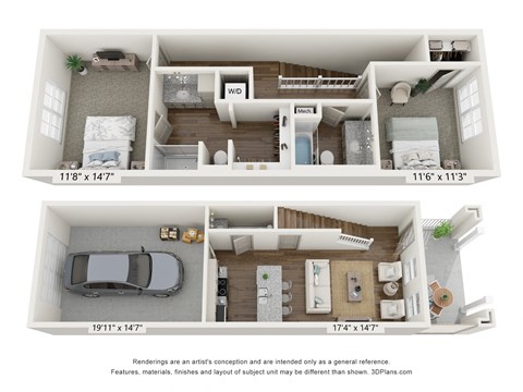 Floor plan for 2 beds, 2.5 baths, 1079 sqft